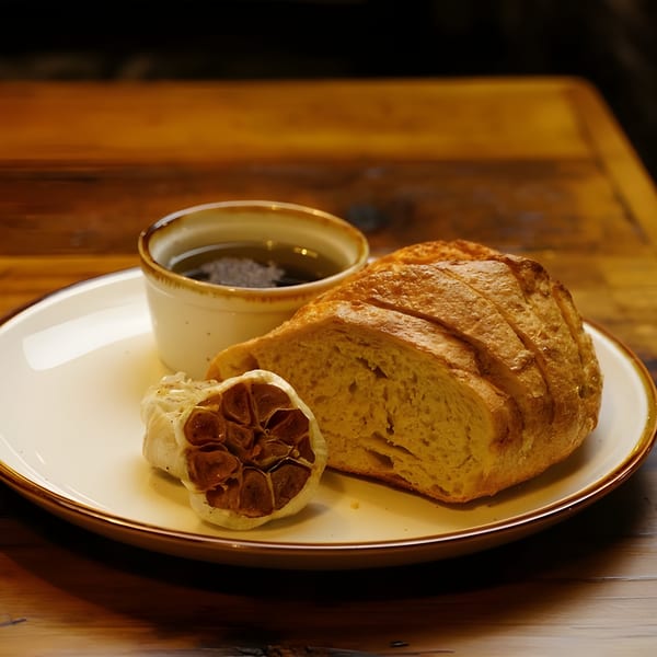 Sliced bread, roasted garlic, and a cup of dipping oil on a white plate.