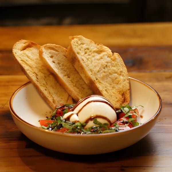 Burrata cheese with balsamic glaze, diced tomatoes, basil, and toasted bread slices in a bowl.