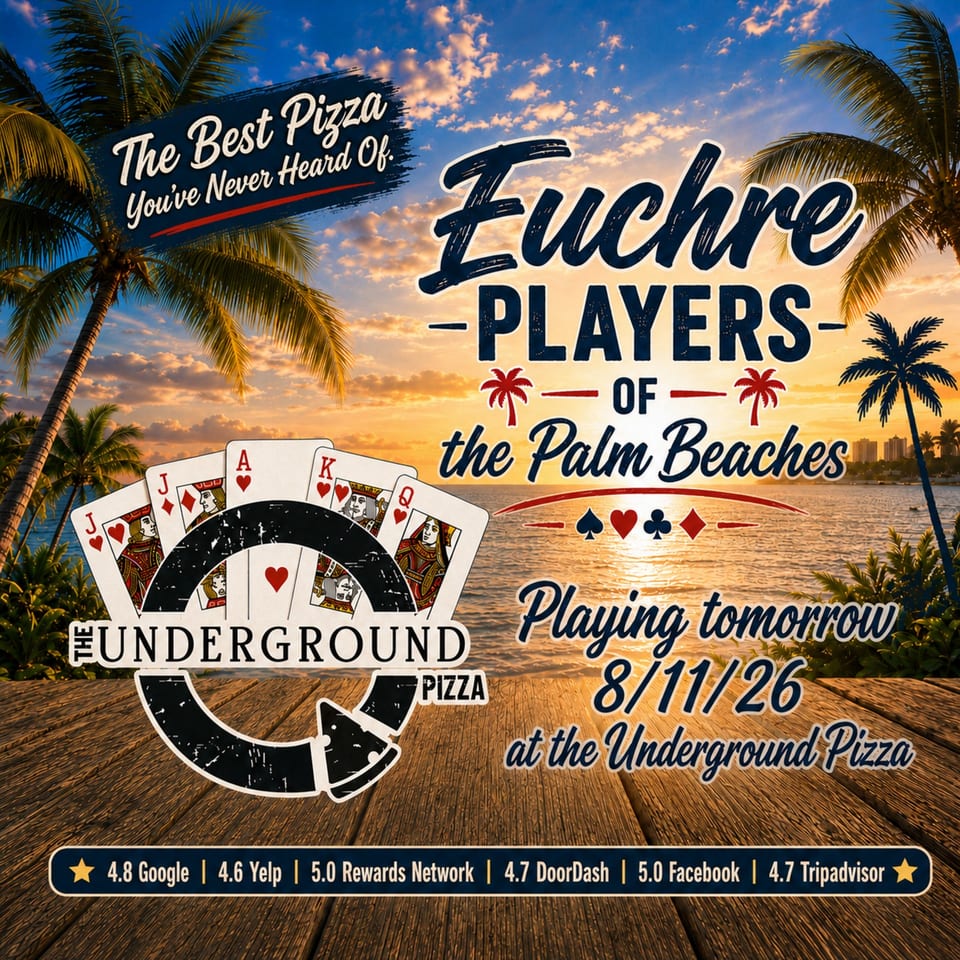 Promotional poster for Underground Pizza featuring a tropical Palm Beaches sunset, playing cards, ratings, and event date August 11, 2026.