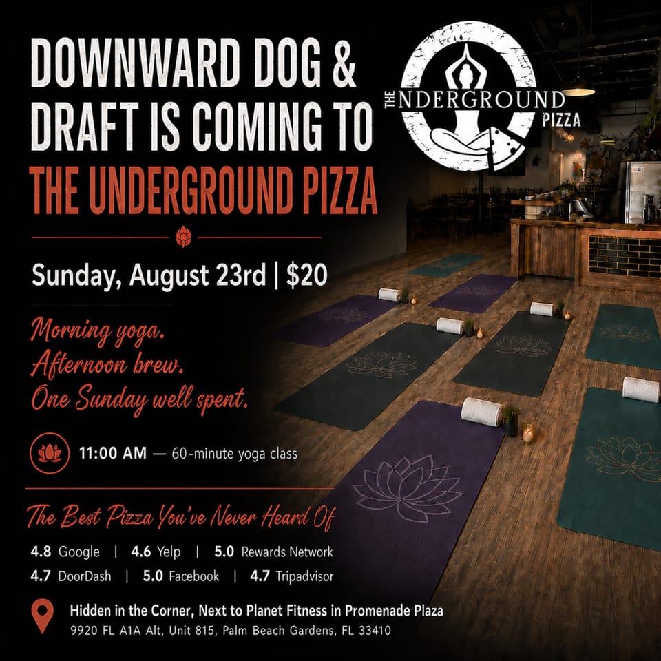 Promotional graphic for Underground Pizza featuring a yoga class setup in the restaurant and event details for Sunday, August 23rd.